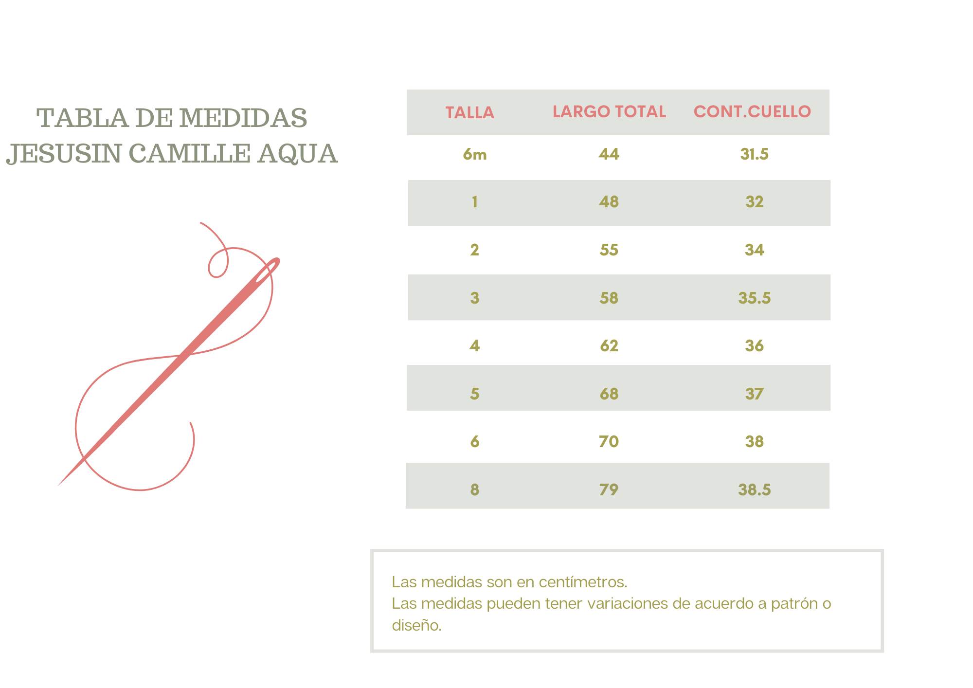 Tablas de medidas jesusin camille aqua