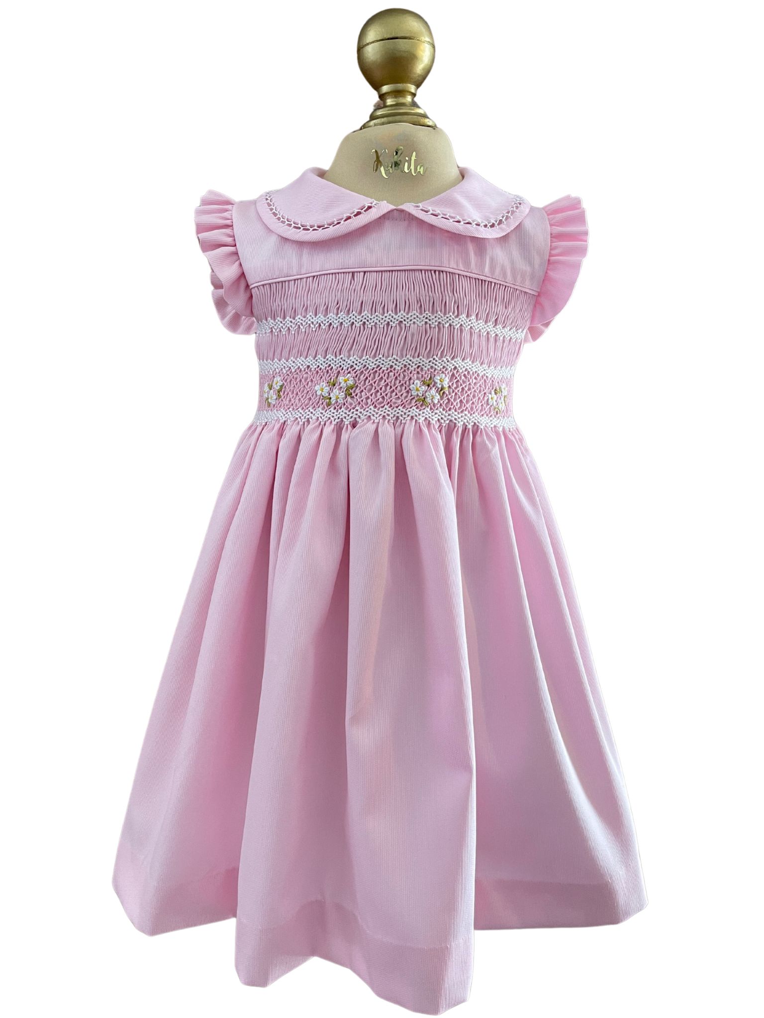Vestido casual para niña Heidi pique rosa liso bordado a mano