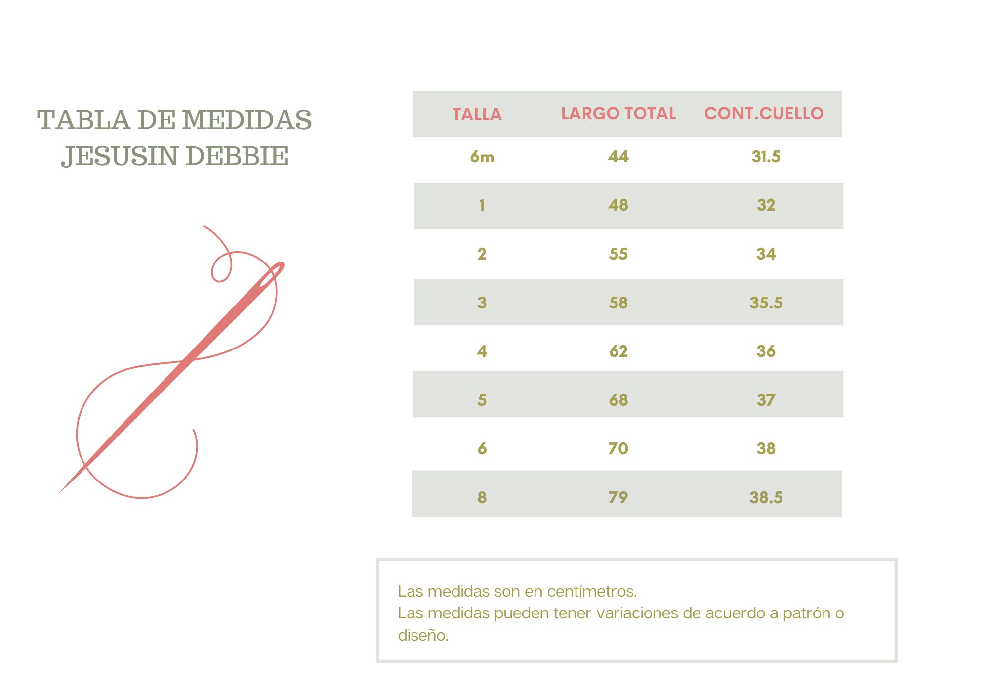 Tablas de medidas Jesusin Debbie