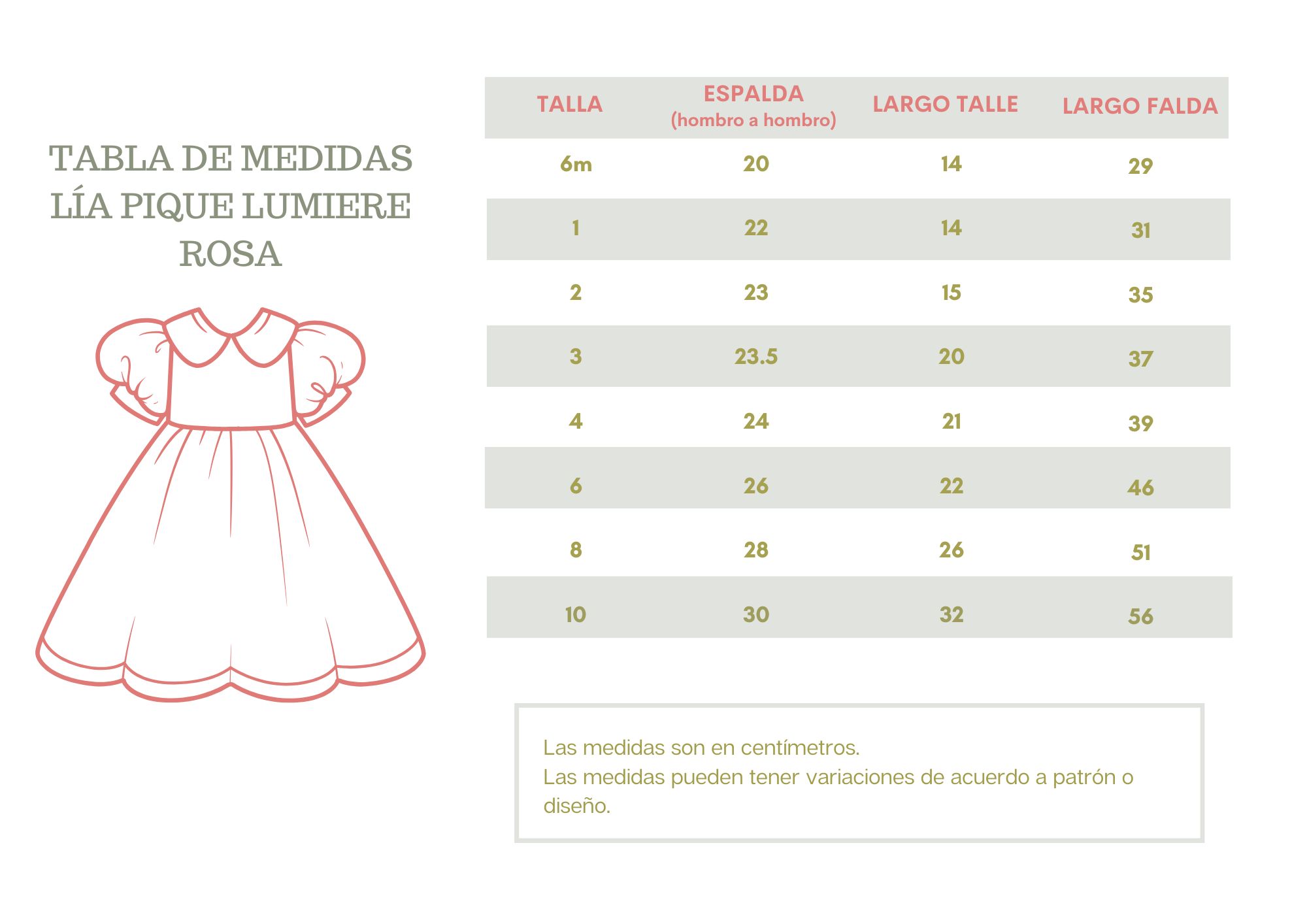 Tablas de medidas Lía pique lumiere rosa