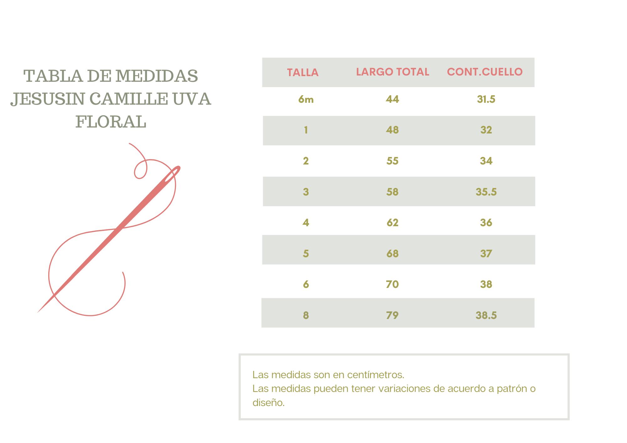 Tablas de medidas camille uva floral