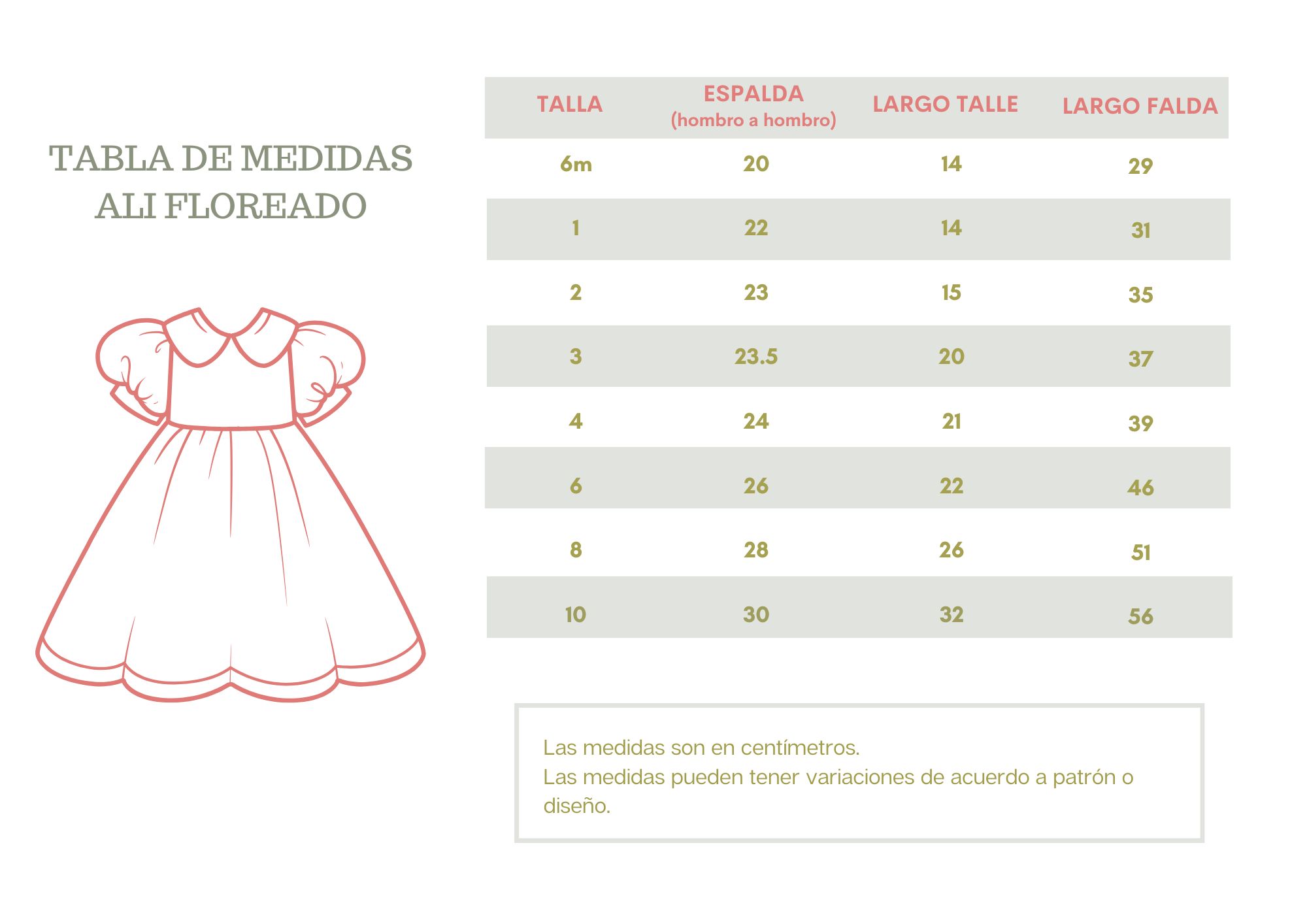 Tablas de medidas Ali floreado